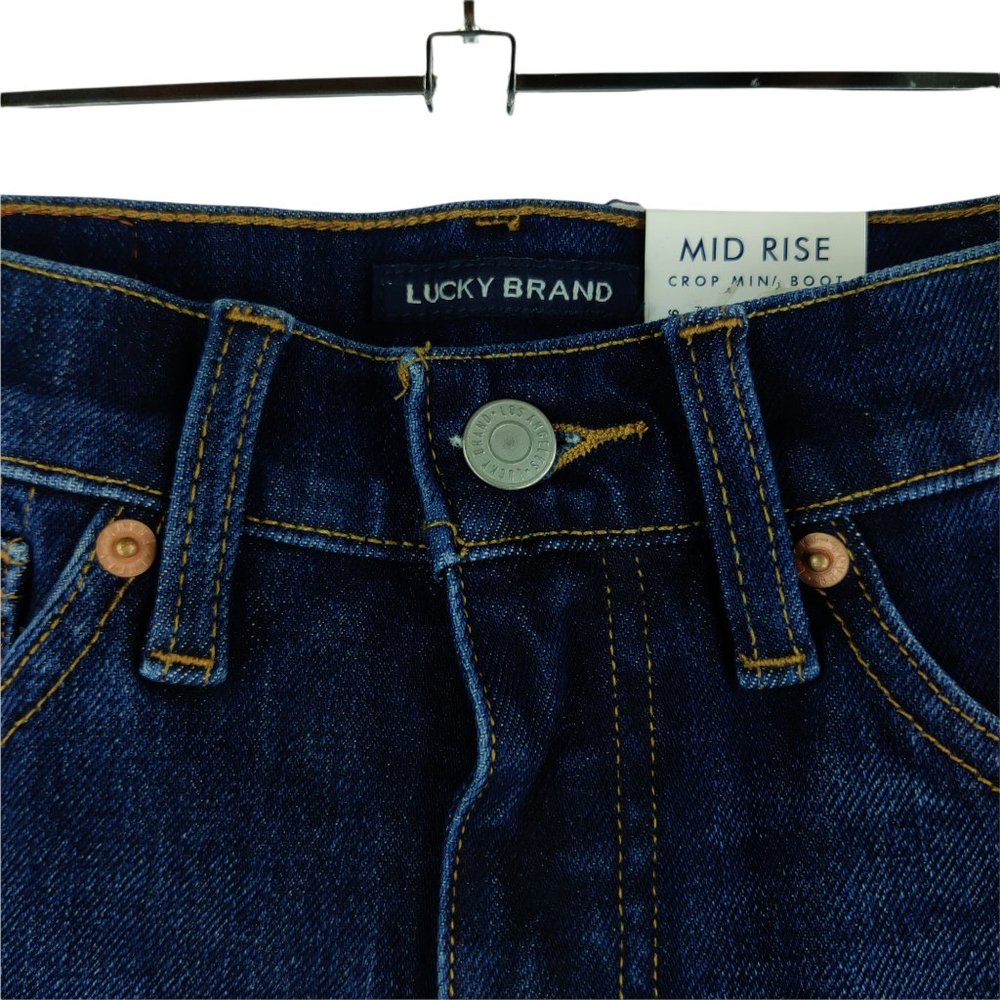 NWT Lucky Brand Mid Rise Ava Crop Mini Boot Cut Dark Wash Raw Hem Jeans - Picture 2 of 9